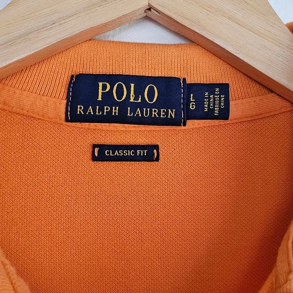 Ralph Lauren Polo Shirt Mens Size‎ L Short Sleeve Orange Navy Blue Pony Preppy
